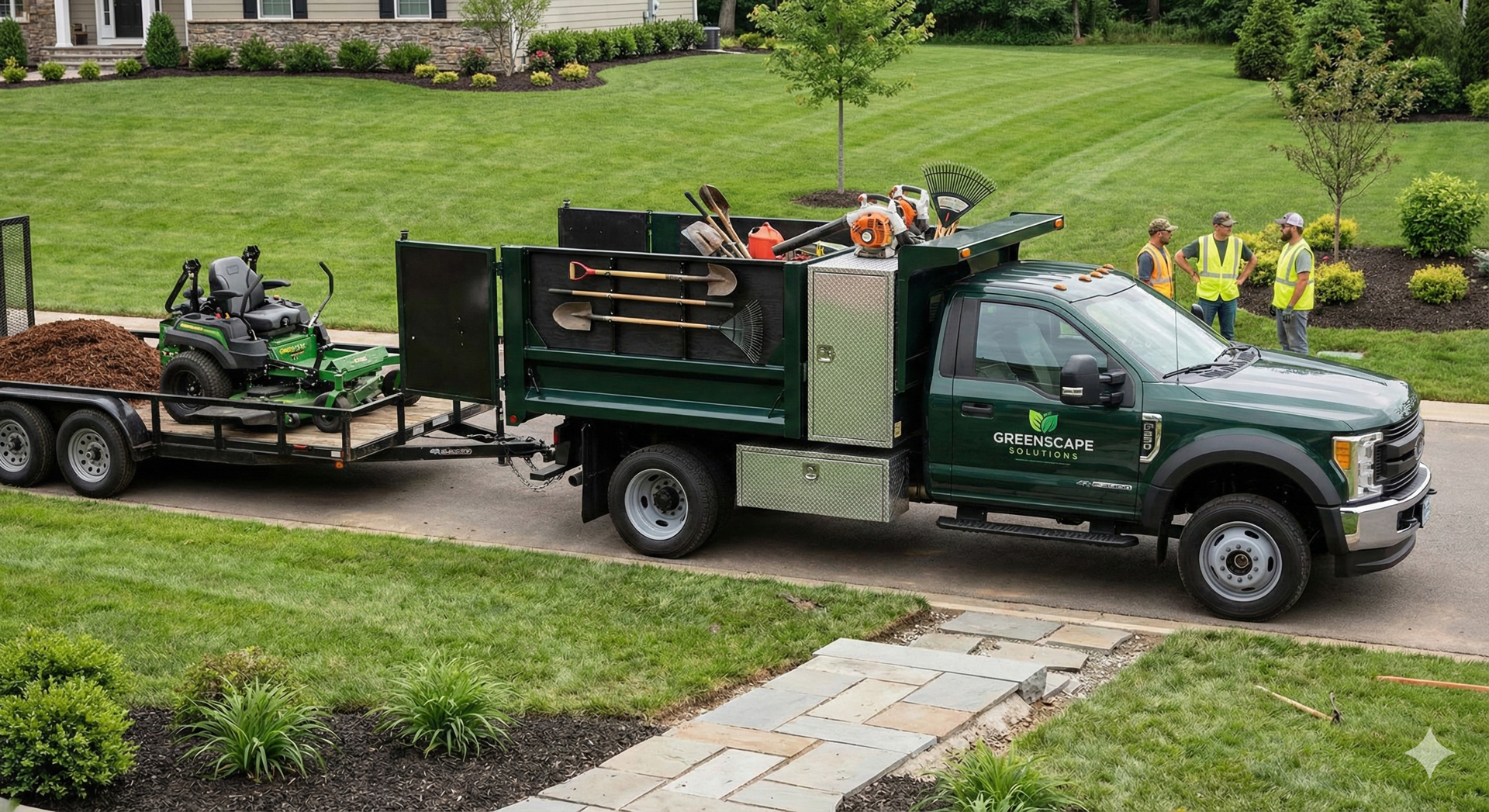 A green Greenscape Solutions truck loaded with mowers and crew on a residential street