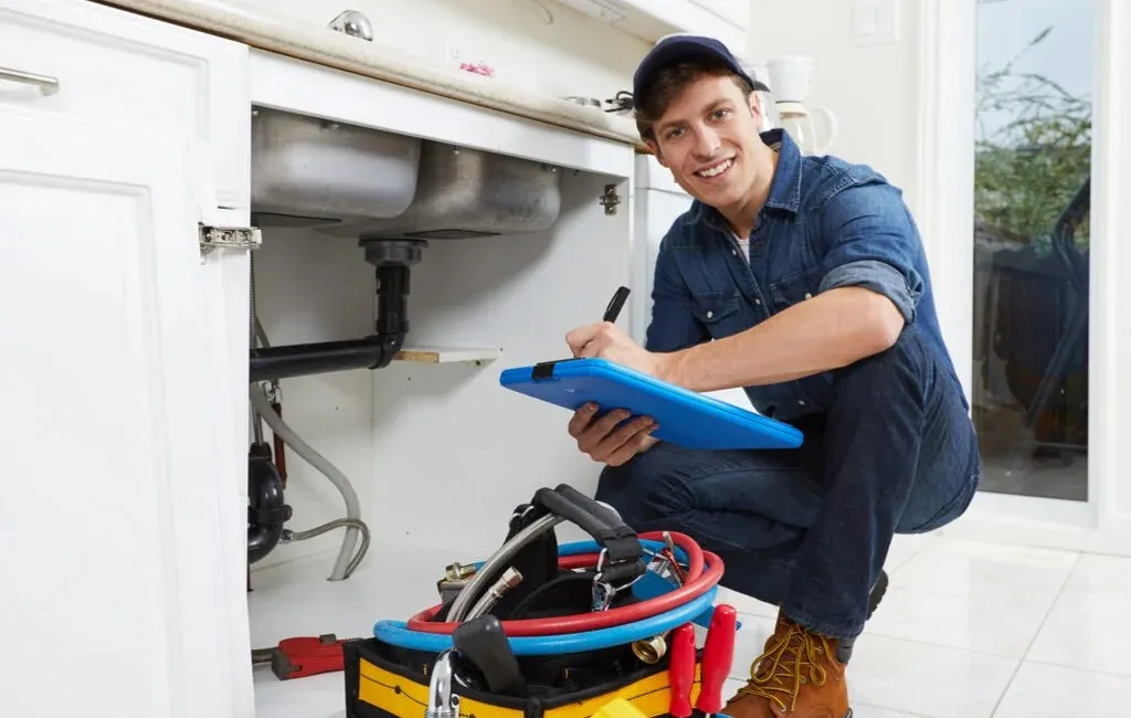 Redwire plumber smiling under a kitchen sink with tools