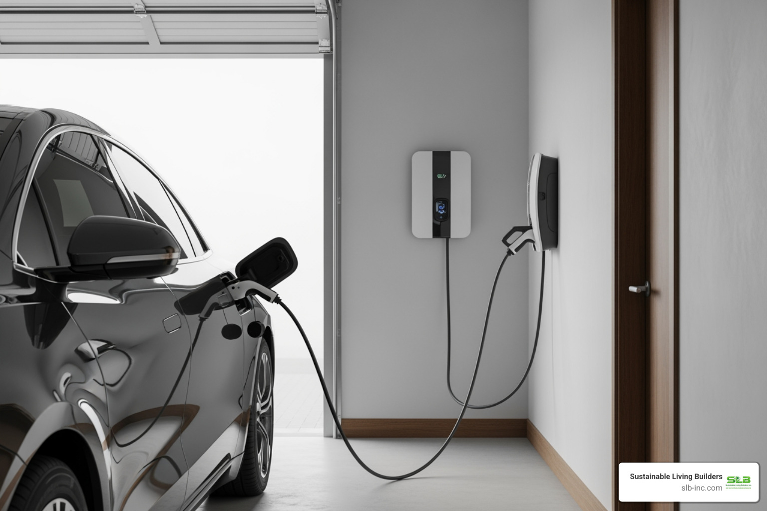 EV charger installed in a clean garage with vehicle plugged in