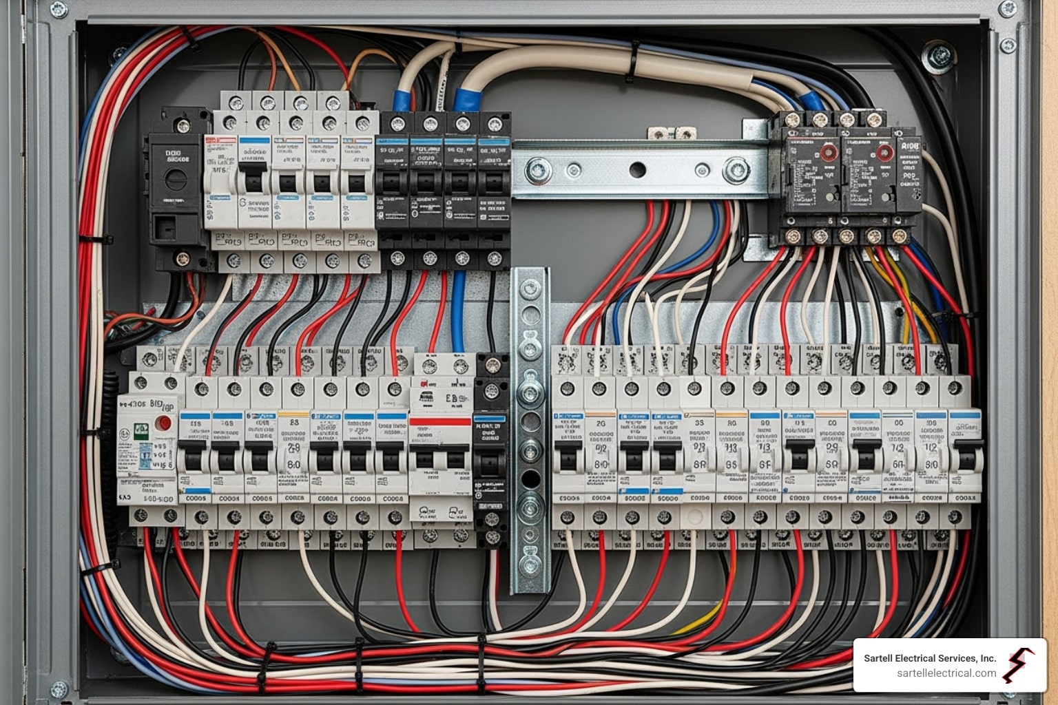 A precision-organized 200-amp electrical panel with neat wire runs