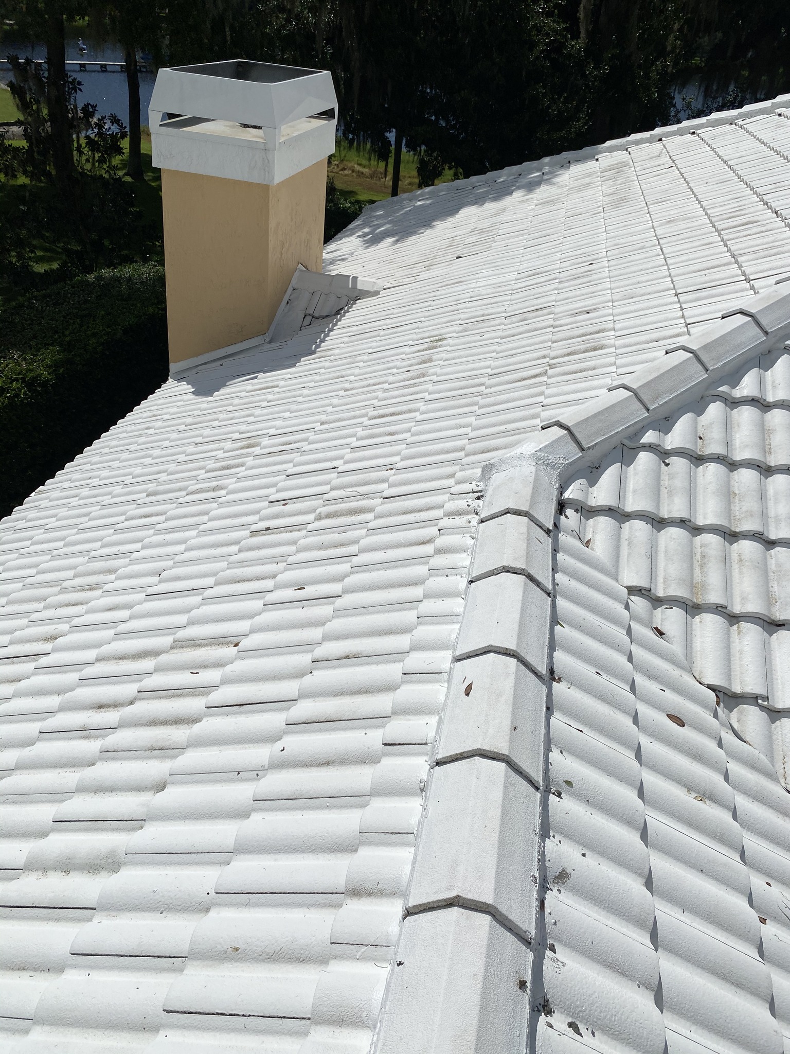 Clean white tile roof after soft wash