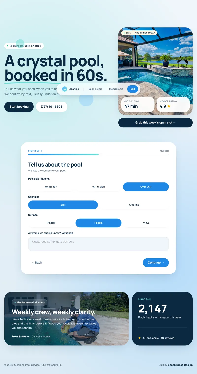 Pool service sample site, full page